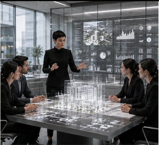 Founder presenting a holographic massing model to a development team
