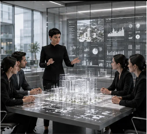 Founder presenting a holographic massing model to a development team