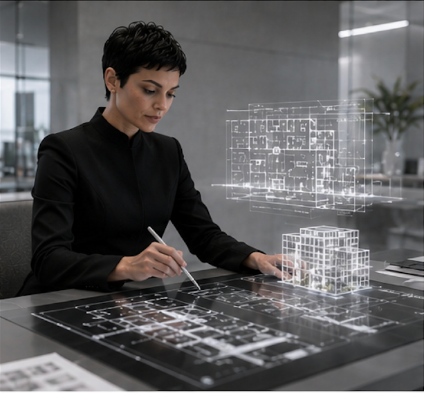 Designer working at an interactive holographic floor-plan table