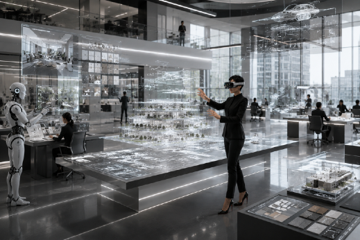 Studio team working in a futuristic AI-assisted design environment