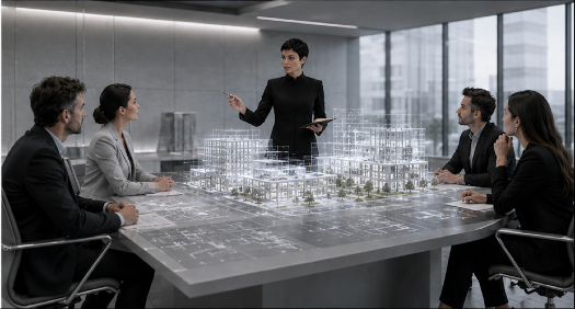 Founder leading a working session with team around a holographic project model